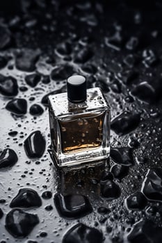 Modern glass men perfume bottle among black rocks in the rain, fragrance and perfumery, post-processed, generative ai photo