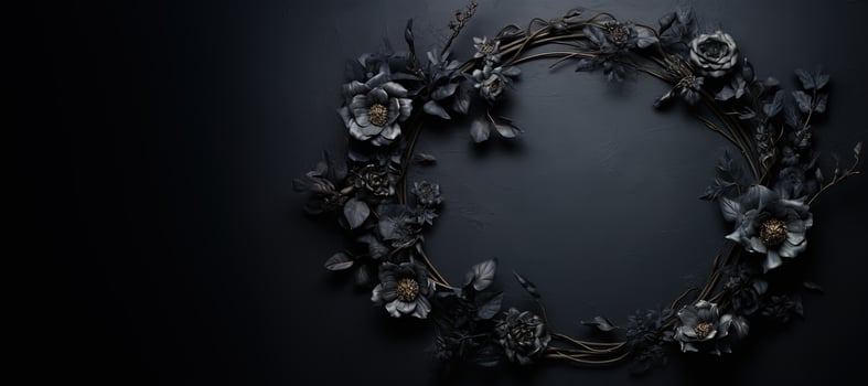 Generative AI, Close up wreath, blooming flowerbeds of amazing black flowers on dark moody floral textured background. photo
