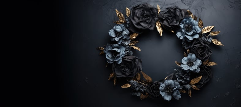 Generative AI, Close up wreath, blooming flowerbeds of amazing black flowers on dark moody floral textured background. photo