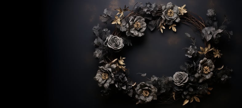 Generative AI, Close up wreath, blooming flowerbeds of amazing black flowers on dark moody floral textured background. photo