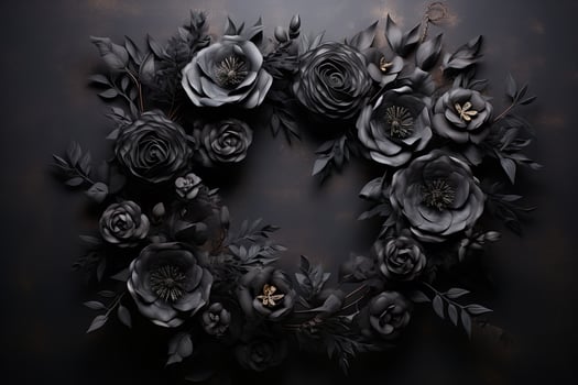 Generative AI, Close up wreath, blooming flowerbeds of amazing black flowers on dark moody floral textured background. photo