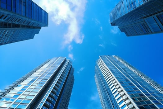 Low angle view of skyscrapers in business district Ai generative photo