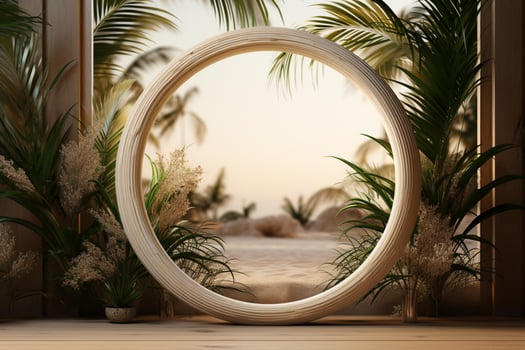 Pygmy palm branches form oval frame on sandy background AI Generated photo