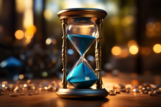 Closeup Hourglass with flowing sand on blue, offering space for accompanying text AI Generated photo