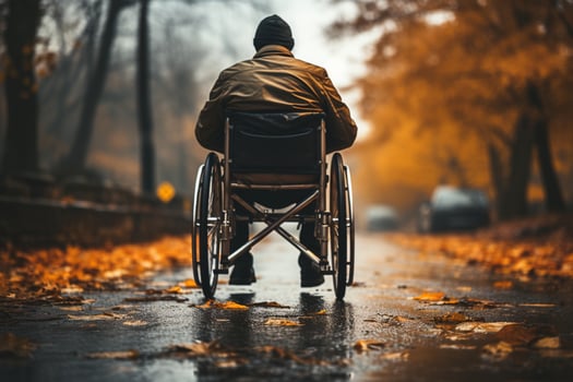 Disabled mans hand on wheel, embodying resilience and mobility, seen up close AI Generated photo