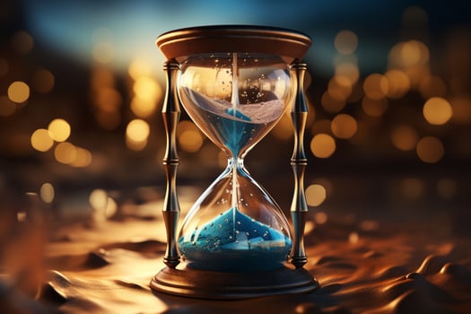 Hourglass closeup Sand flows on blue, providing room for text incorporation AI Generated photo
