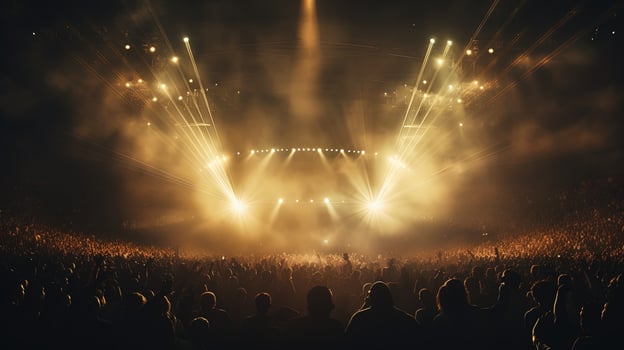 Generative AI, People crowd on music rock festival concert in stadium, big stage lit by spotlights. photo