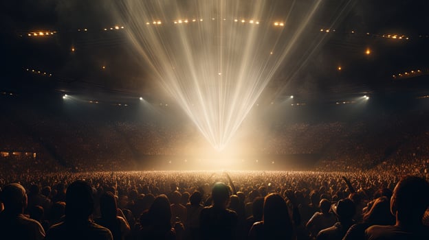 Generative AI, People crowd on music rock festival concert in stadium, big stage lit by spotlights. photo