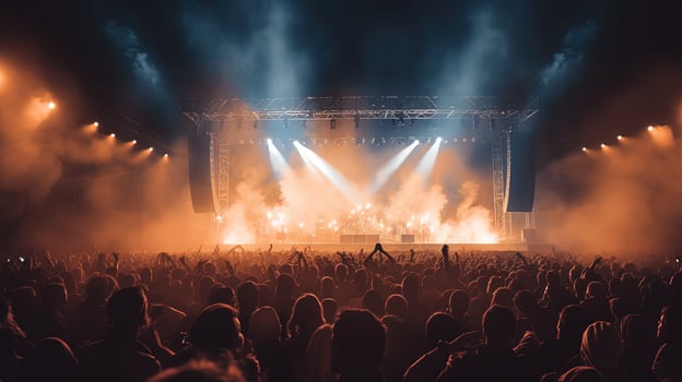Generative AI, People crowd on music rock festival concert in stadium, big stage lit by spotlights. photo