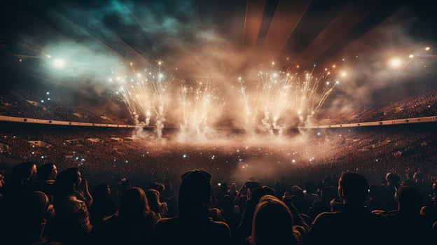 Generative AI, People crowd on music rock festival concert in stadium, big stage lit by spotlights. photo