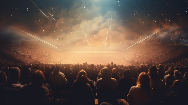 Generative AI, People crowd on music rock festival concert in stadium, big stage lit by spotlights. photo