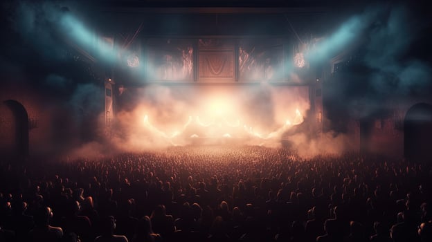 Generative AI, People crowd on music rock festival concert in stadium, big stage lit by spotlights. photo