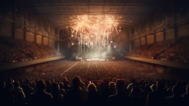Generative AI, People crowd on music rock festival concert in stadium, big stage lit by spotlights. photo