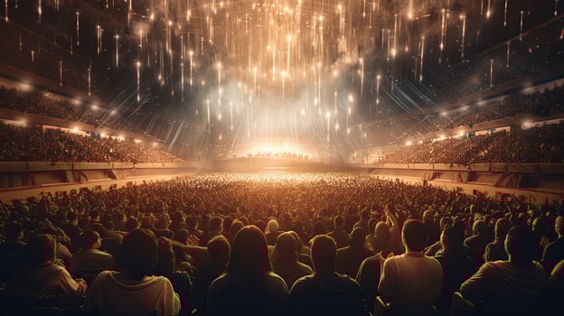 Generative AI, People crowd on music rock festival concert in stadium, big stage lit by spotlights. photo