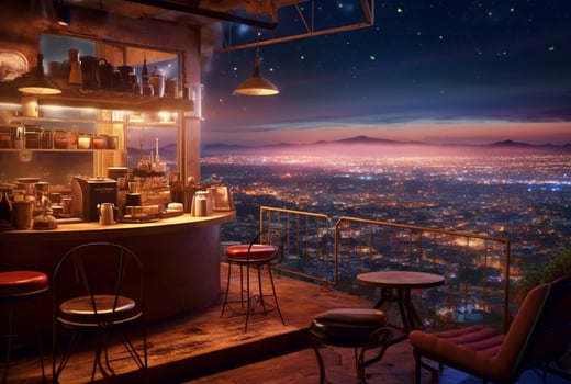 a coffee shop on a hill with views of urban lights at night. generative ai photo