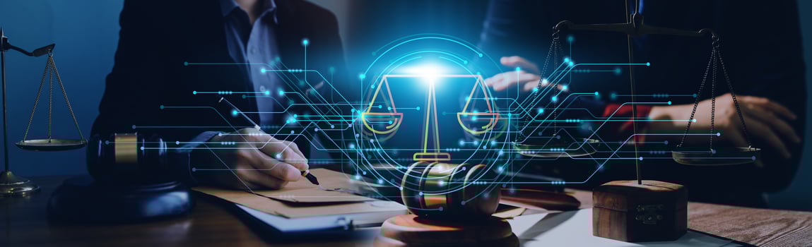 Business and lawyers discussing contract papers with brass scale on desk in office. Law, legal services, advice, justice and law concept picture with film grain effect photo