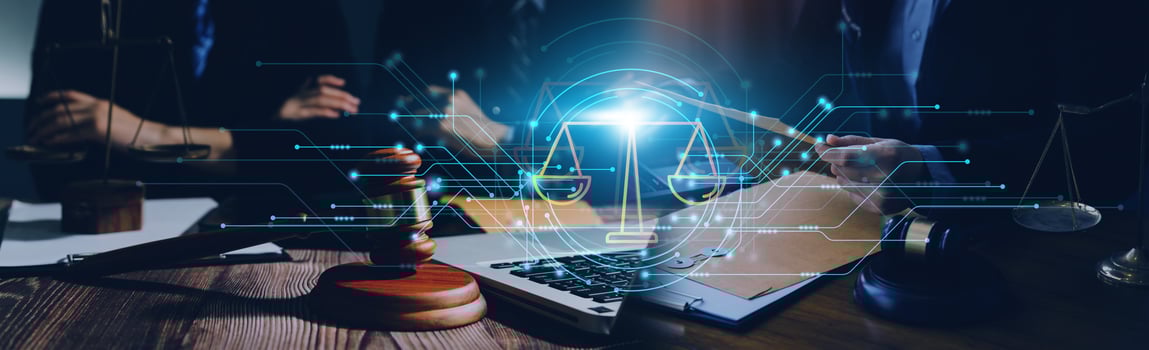 Business and lawyers discussing contract papers with brass scale on desk in office. Law, legal services, advice, justice and law concept picture with film grain effect photo