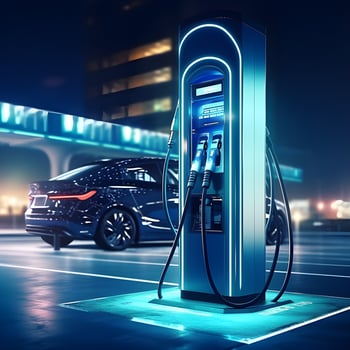 electronic car charging station stops refueling points and electric car battery, hand push button starting power, EV electric car of the future, environmentally friendly energy photo