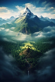 Generative AI, Misty fir forest beautiful landscape in hipster vintage retro style, foggy mountains and trees. photo