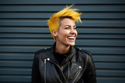 Young cool woman wearing motorcycle gear and helmet, AI Generated photo