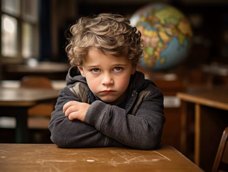 photo of emotional dynamic pose European kid in school AI Generative