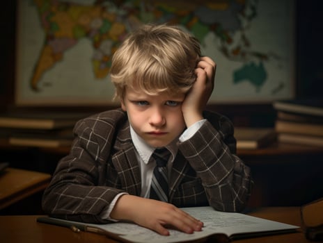 photo of emotional dynamic pose European kid in school AI Generative