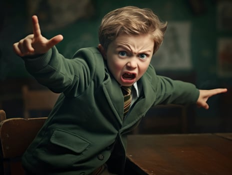 photo of emotional dynamic pose European kid in school AI Generative