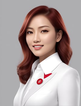AI Generative, smiling young businesswoman in beige suit looking at camera over white background photo