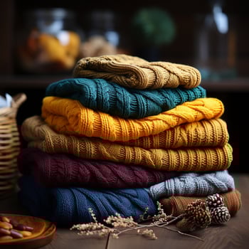 tack of knitted textured clothing on table.Colorful winter clothes,warm apparel.Heap of knitwear. high sweater, cap hand knitted mountain waiting to be washed wool socks folded cotton photo