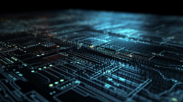 Computer futuristic boards with microchips energy chips and transistors on high tech computer abstract background. Data center, big data. AI generated photo