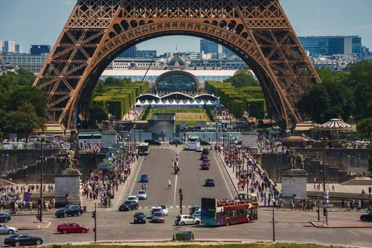 Sunny close up view of Eiffel Tower in Paris photo