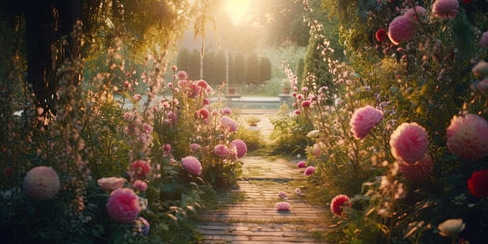 Generative AI, Beautiful summer private garden with many flowers and plants, nature landscape, english countryside cottage style photo