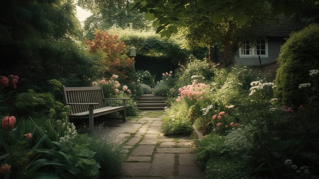 Generative AI, Beautiful summer private garden with many flowers and plants, nature landscape, english countryside cottage style photo