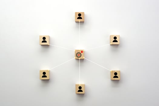 Business icons on wooden cube block with connection link network to target. Concept of Business success goals and strategy planning to success. photo