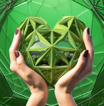 A female hand shows a heart shape on a green background with a cross in it, medical stock images photo