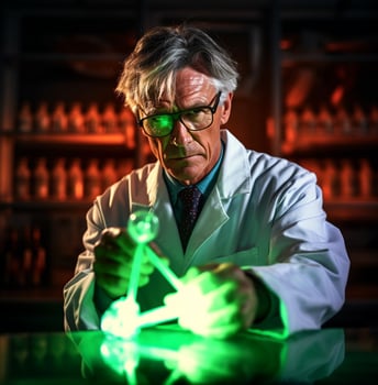 A scientist in a white coat stands in a dark laboratory, medical stock images photo
