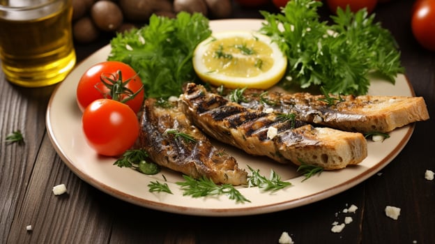 Grilled sardines with salad, bread and potato, Portugal luxury background photo
