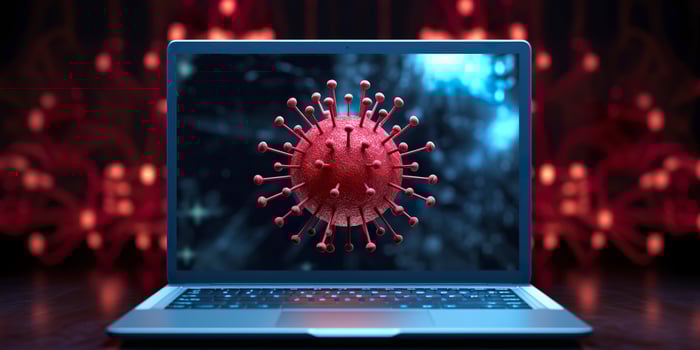 Computer screen showing an installing update notification with a virus symbol,  AI Generative photo