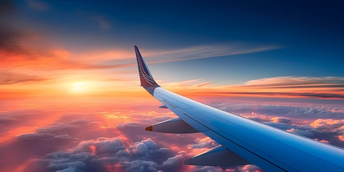 Airplane plane wing at sunset time through clouds, AI Generative photo