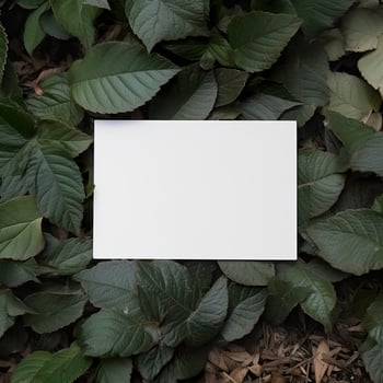 Blank business card on green leaves background. Generative AI photo