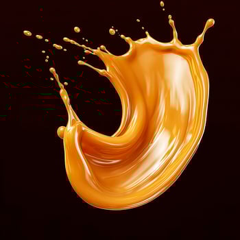Caramel sauce, Liquid syrup splash, sugar candy caramel or melted toffee, 3d. Generative AI photo