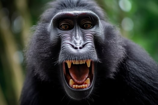 Celebes crested macaque with open mouth. Close up on the green natural background. Generative AI photo