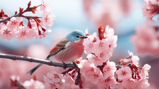 Birds sitting in a tree filled with cherry blossom flowers. Generative AI photo