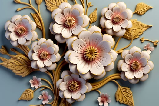 Elegant colorful 3d flowers with leaves on a tree illustration background. Generative AI photo
