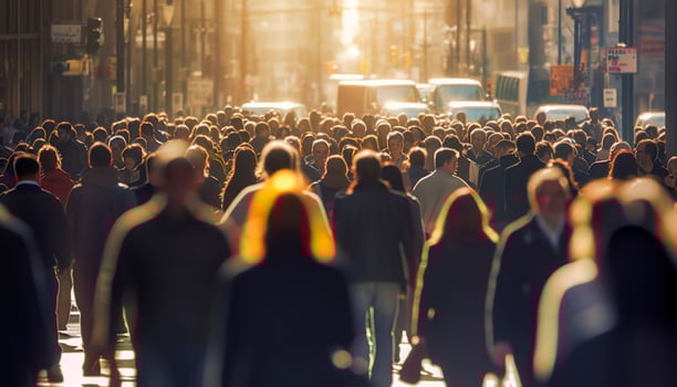 Crowd of people walking busy city street backlit. Generative AI photo