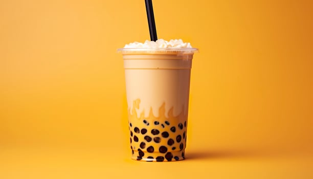 A bubble tea in a plastic cup. Generative AI photo