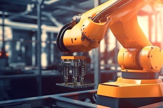 Arm robot working with Screen monitor control industrial machine robot arm line. Generative AI photo