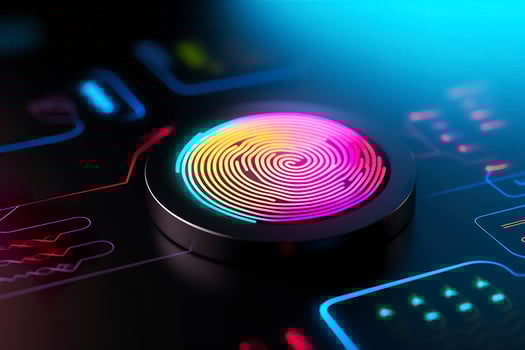 Fingerprint Authentication Button. Biometric Security. Identification and cyber security concept. Glowing neon fingerprint on dark background. AI Generative photo