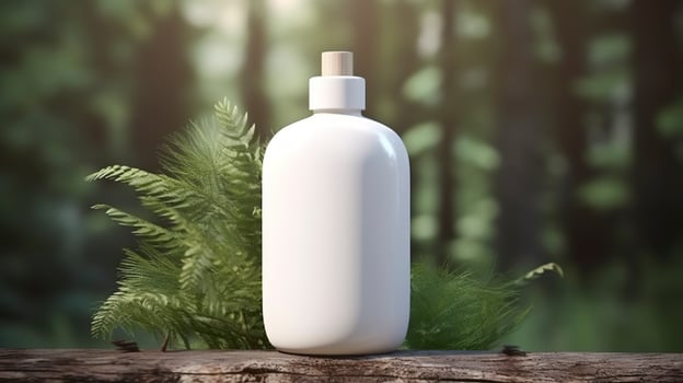 natural cosmetic product presentation backstage. outdoors forest placement. white blank jar shampoo bottle. 3d. AI Generative photo