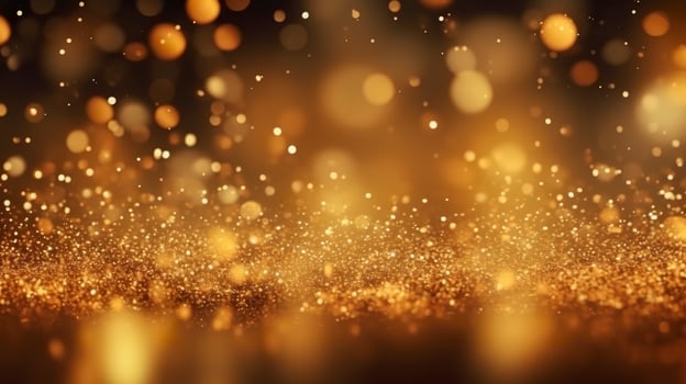 Abstract luxury gold background with gold particles. glitter vintage lights background. Christmas Golden light shine particles bokeh on dark background. Gold foil texture. Holiday.  AI Generative photo